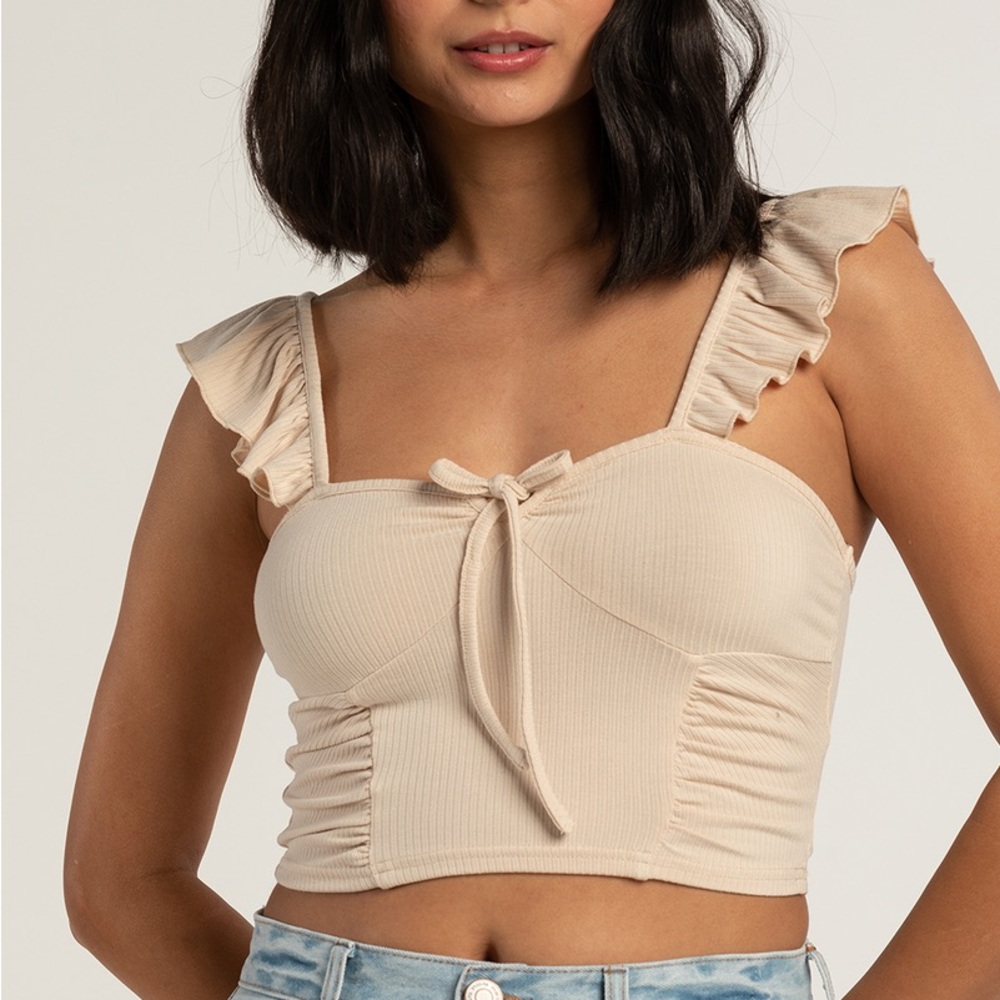 NWOT! Solid Ruffle Knotted Rib Crop Tank Top, Sweetheart Neckline, Beige, Large